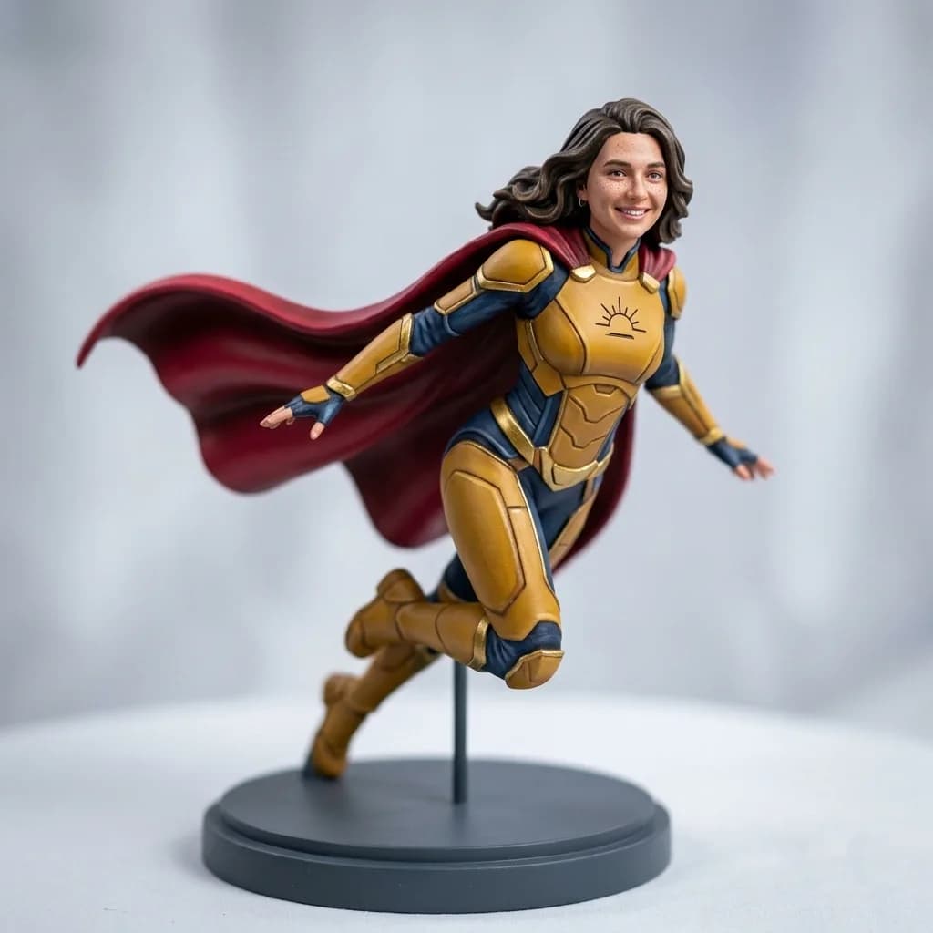 The generator's picture of her as a hand-painted superhero figurine