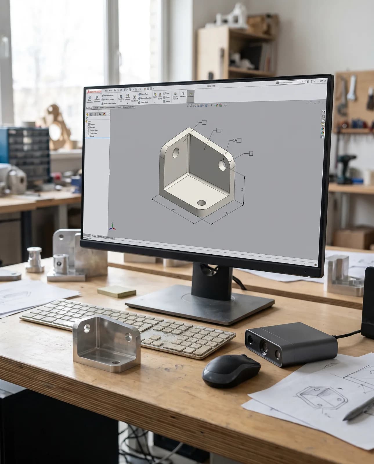 A scanned part rebuilt as a solid CAD model on a computer monitor
