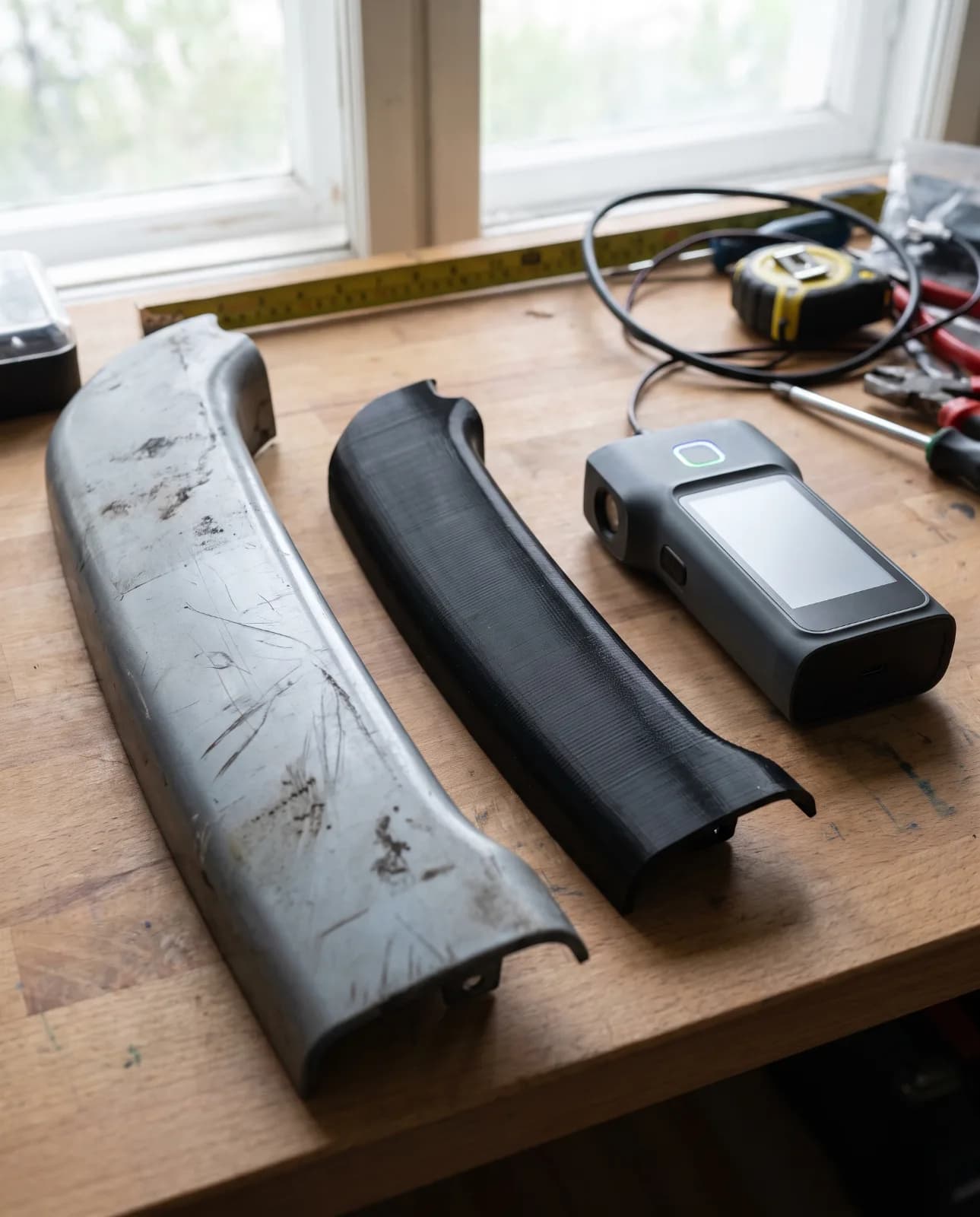 An original worn car part beside its new 3D-printed copy