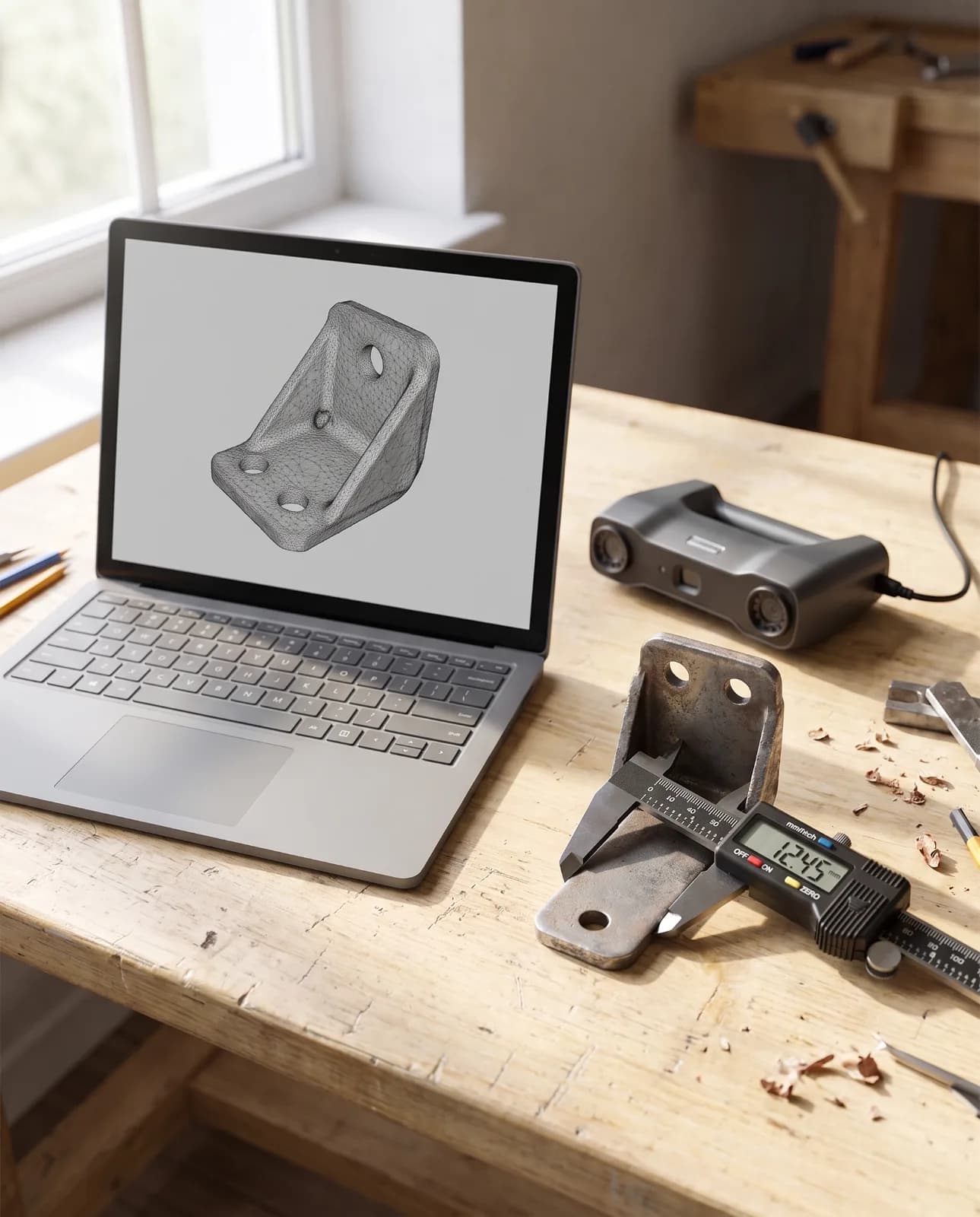 A grey 3D scan of a bracket on a laptop, beside the original bracket and a pair of digital calipers
