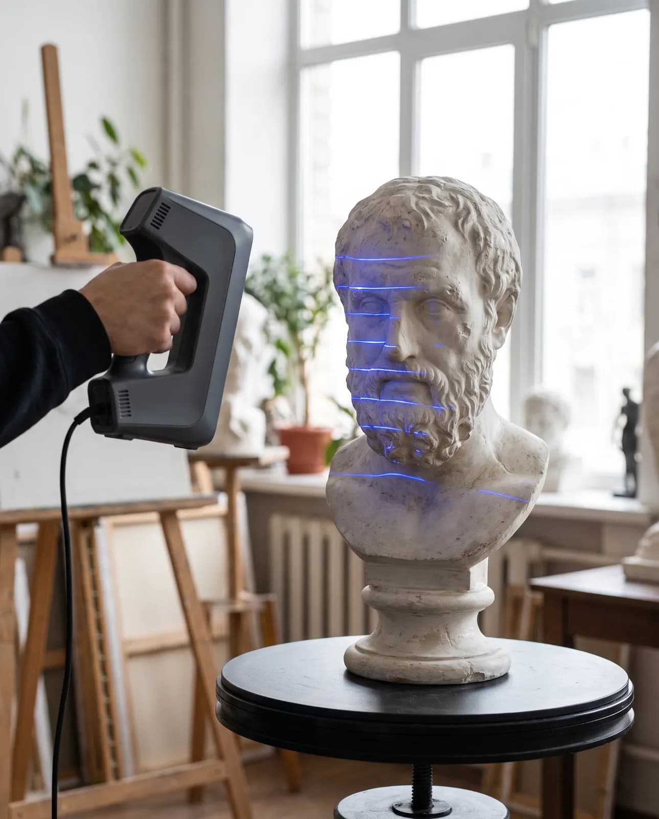 A sculpted bust being 3D scanned on a turntable in the studio
