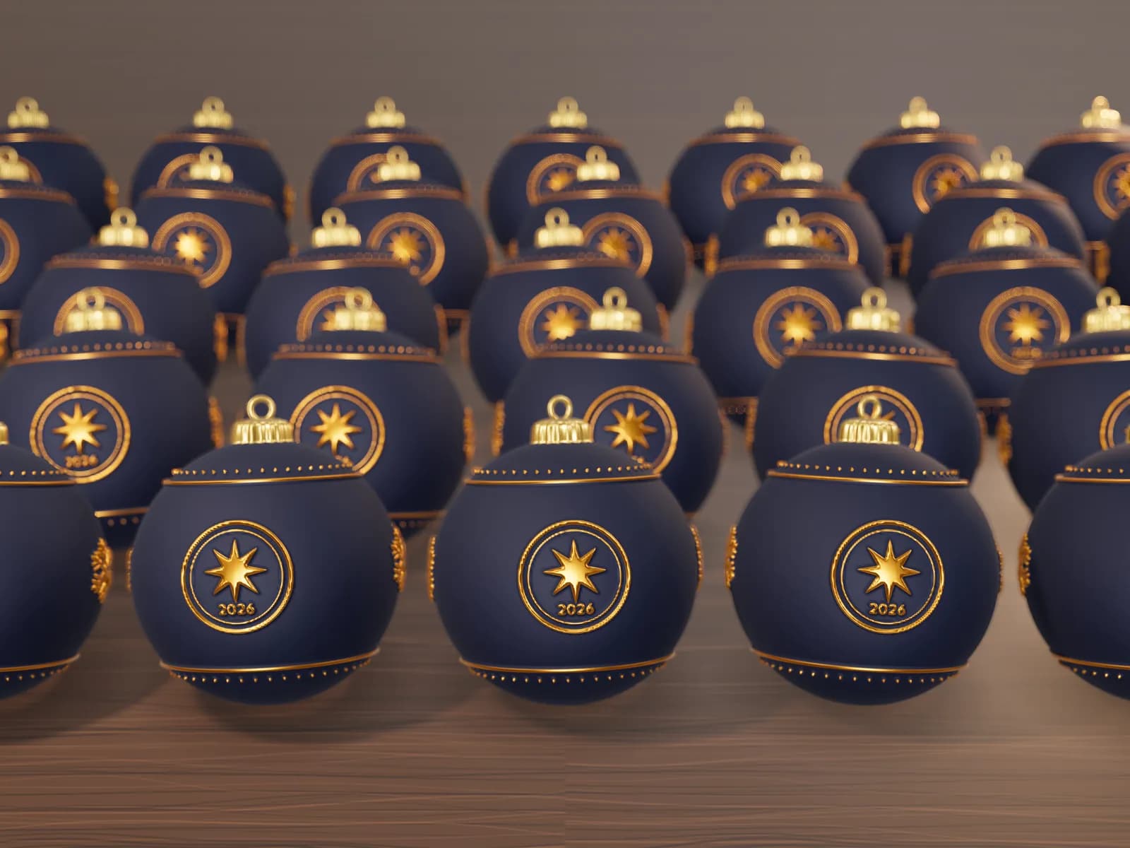 Rows of identical navy baubles, each with a gold star emblem and 2026 in relief, on a walnut table