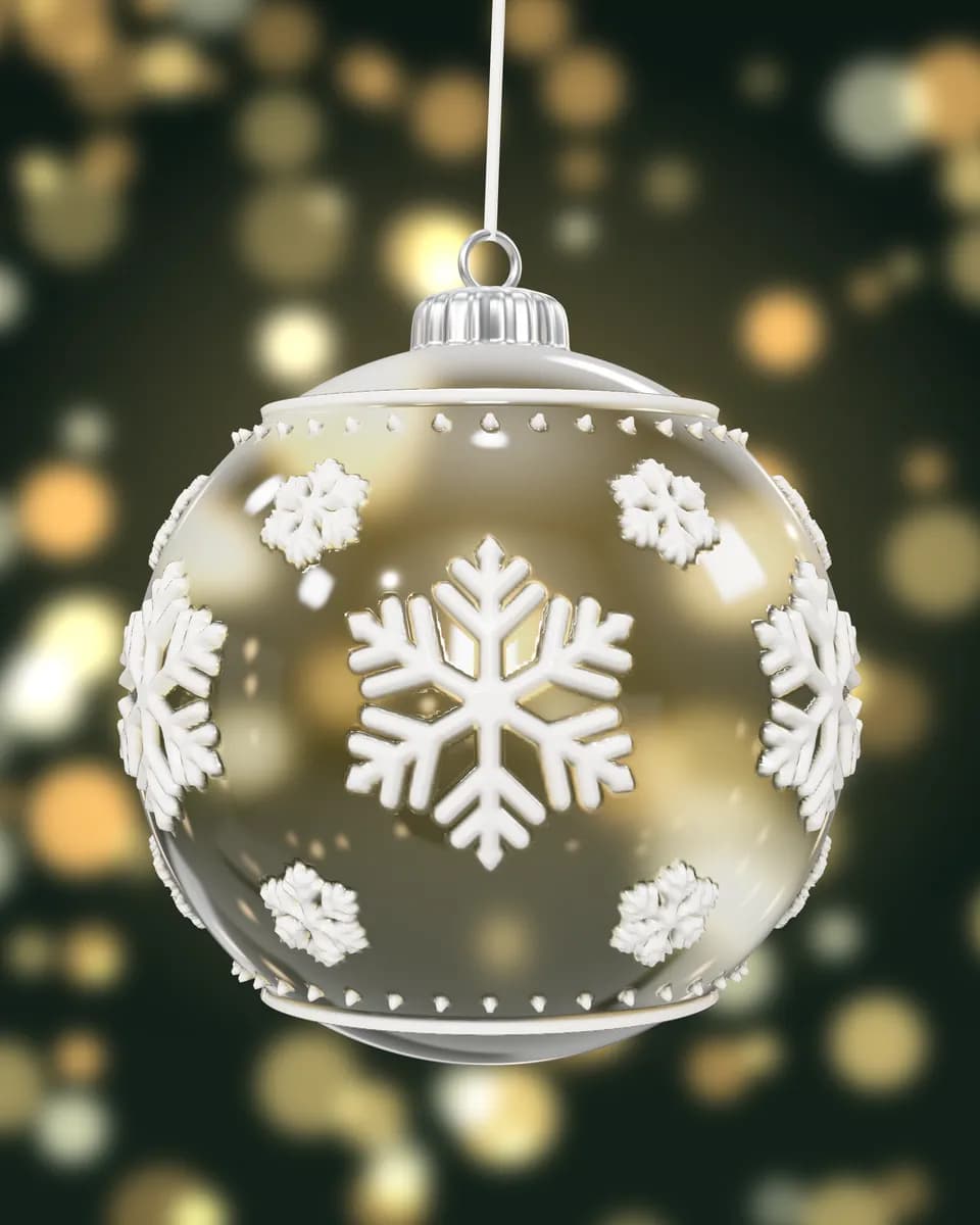 A clear, glass-like bauble with frosted white snowflakes, with fairy lights showing through it