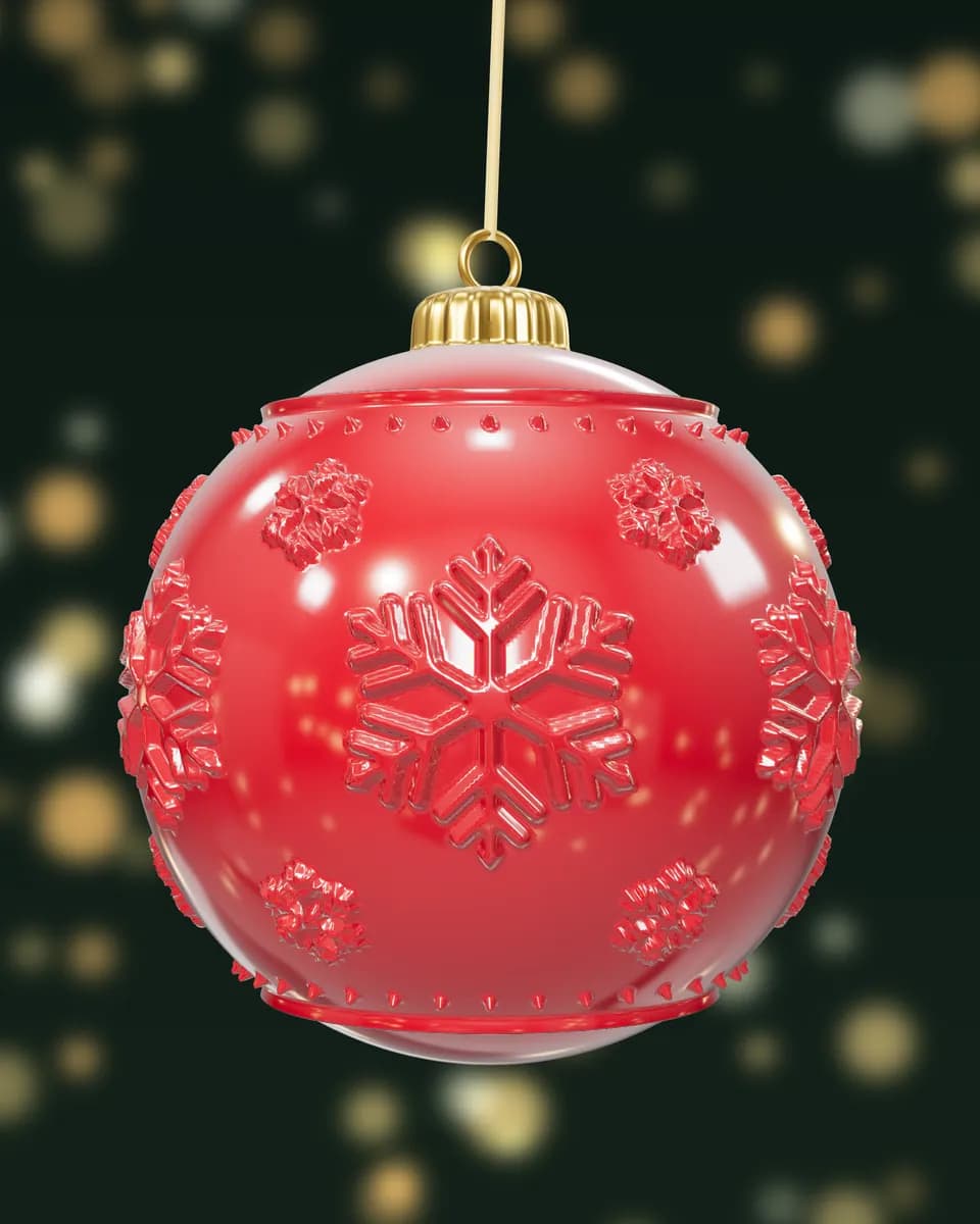 A glossy red bauble with raised snowflakes, catching the light