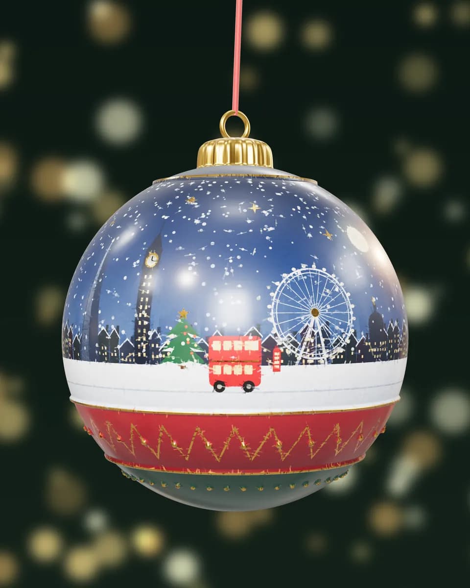 A hand-painted bauble showing London in the snow: Big Ben, the London Eye and a red bus