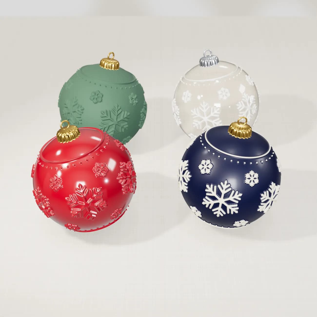 One snowflake bauble design in four finishes: matte green, glass-like, glossy red, and hand-painted in navy and white, on a linen cloth