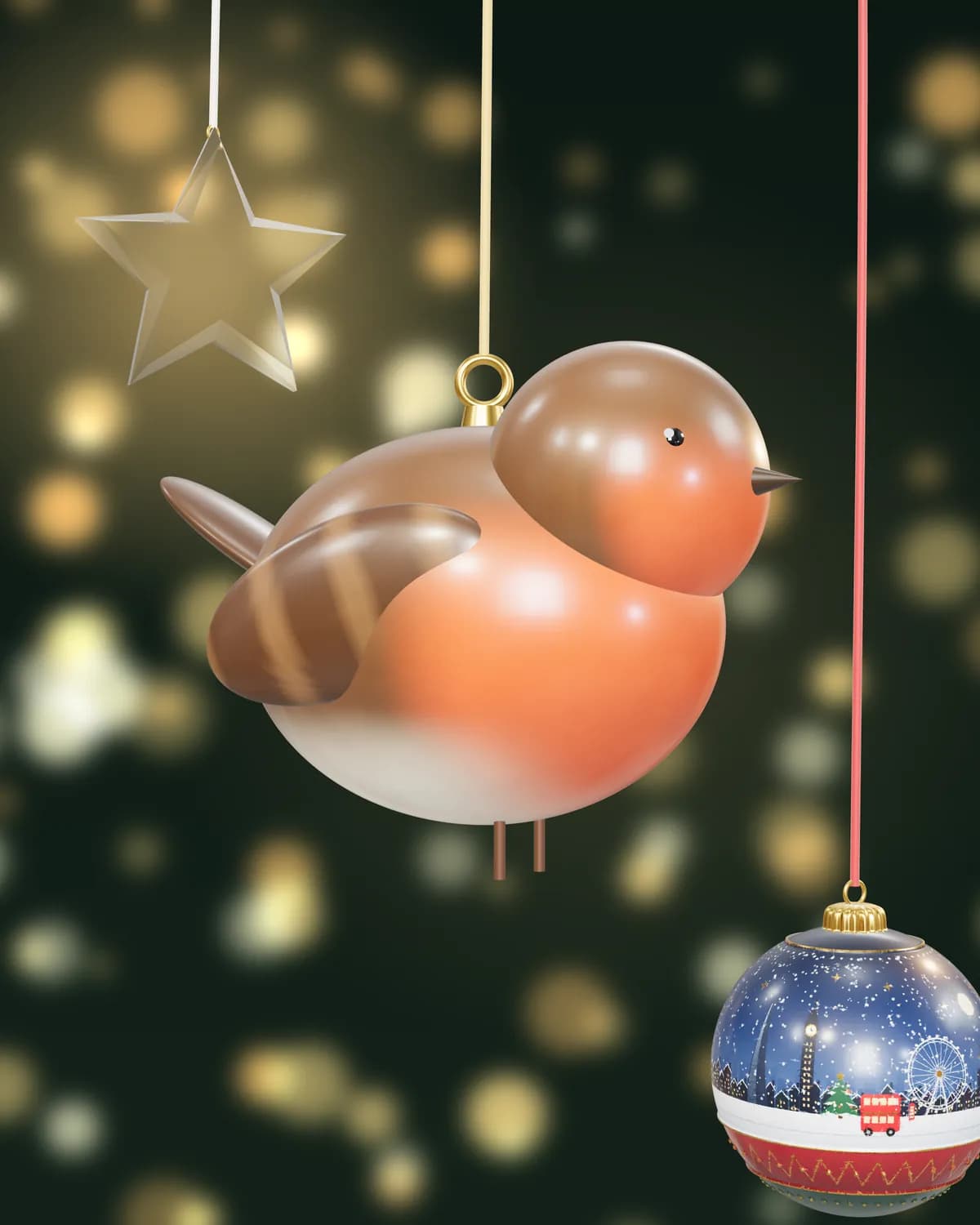 A hand-painted robin bauble hanging against warm fairy lights, beside a glass-like star and a ball painted with a London scene