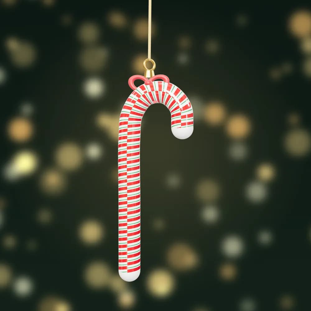 A glossy red, white and green striped candy cane bauble tied with a red velvet bow