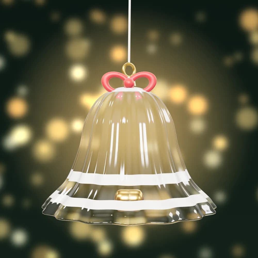 A clear, glass-like bell bauble with frosted bands, a gold clapper and a red velvet bow