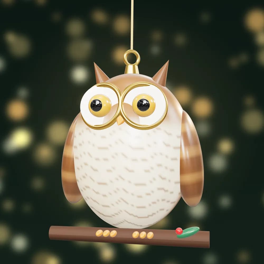 A hand-painted owl bauble with big amber eyes, perched on a branch with holly