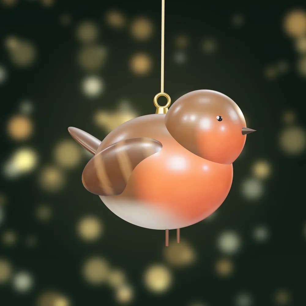 A hand-painted resin robin bauble with a red breast and brown wings, hanging from a gold cord