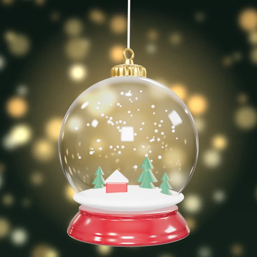A glass-like snow globe bauble with tiny fir trees, a red house and falling snow inside, on a red and gold base