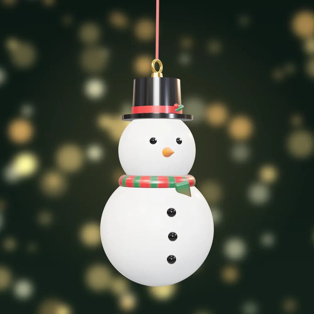 A hand-painted snowman bauble with a black top hat, carrot nose and a striped scarf