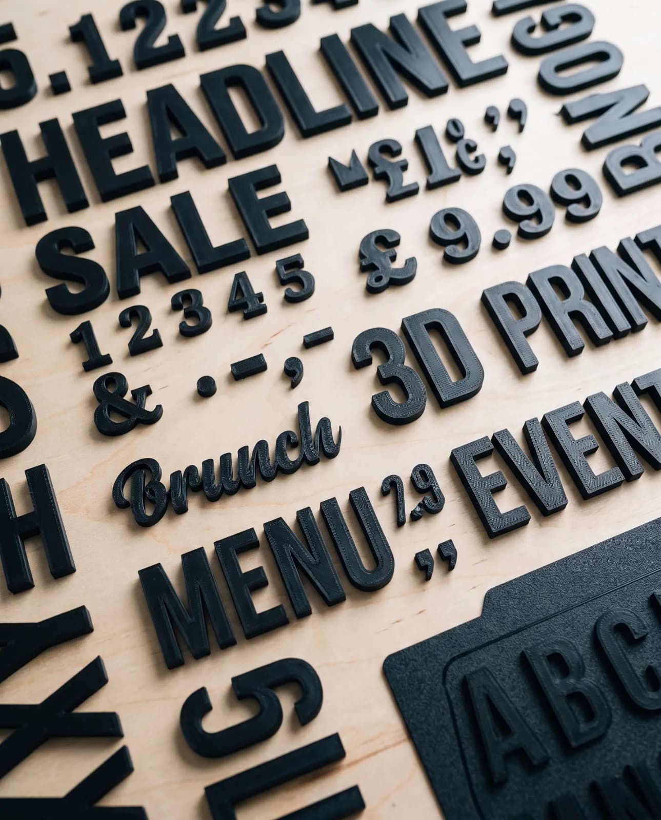 Black 3D-printed letters, numbers and symbols in several fonts and sizes, spread across a workbench