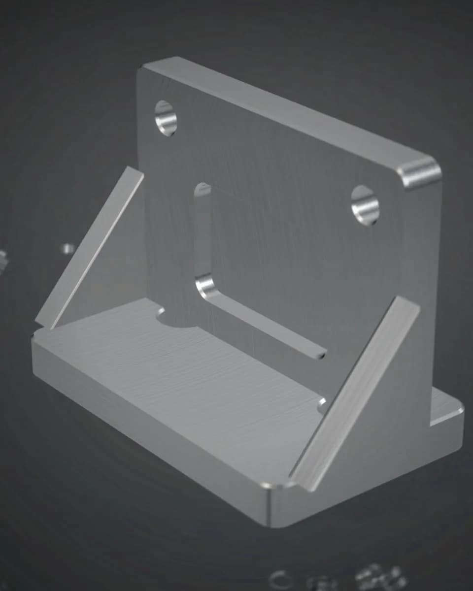 A machined aluminium bracket with pockets, counterbored holes and chamfered edges
