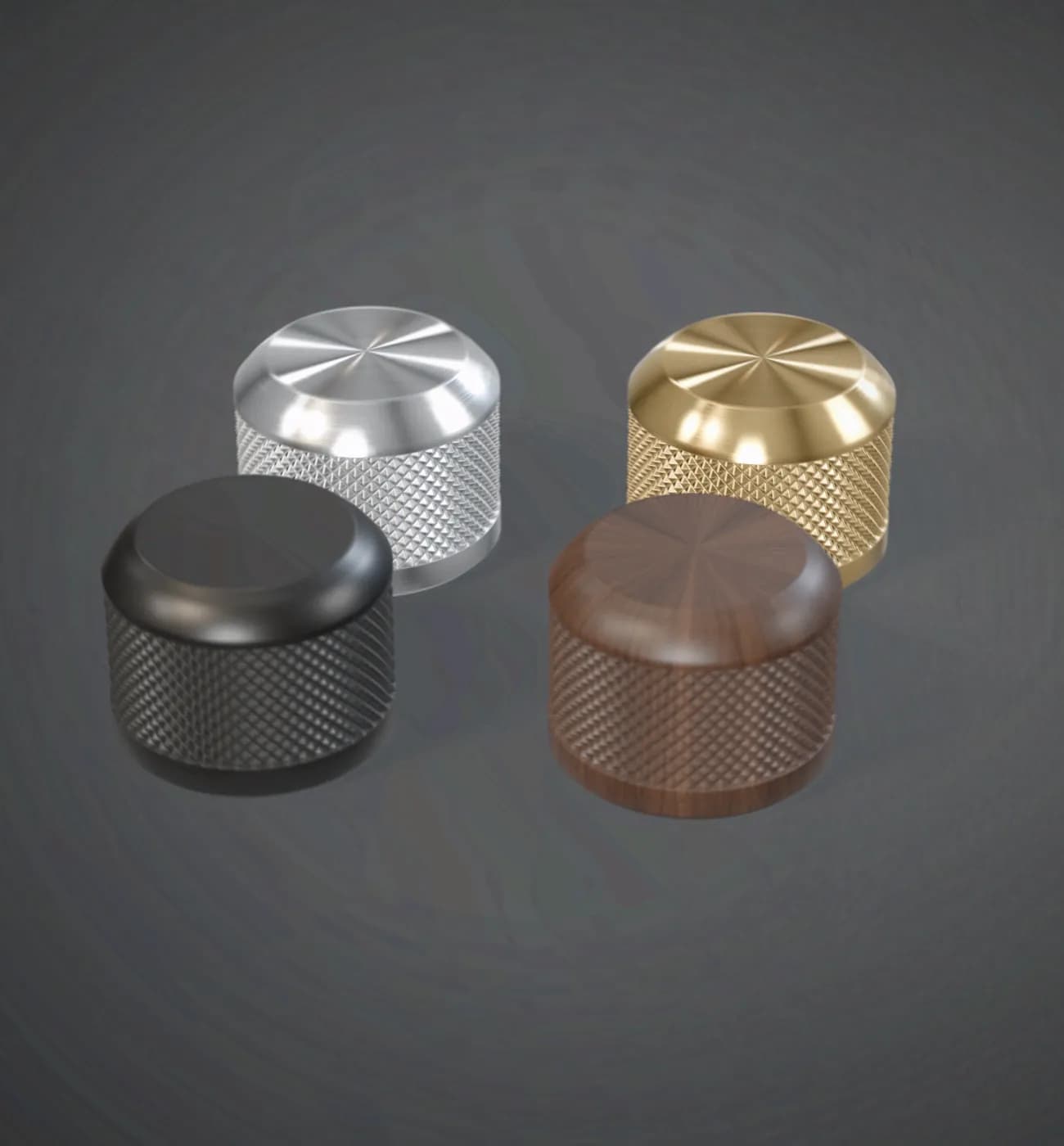 One knurled knob design machined in four materials: aluminium, brass, black acetal and walnut, side by side