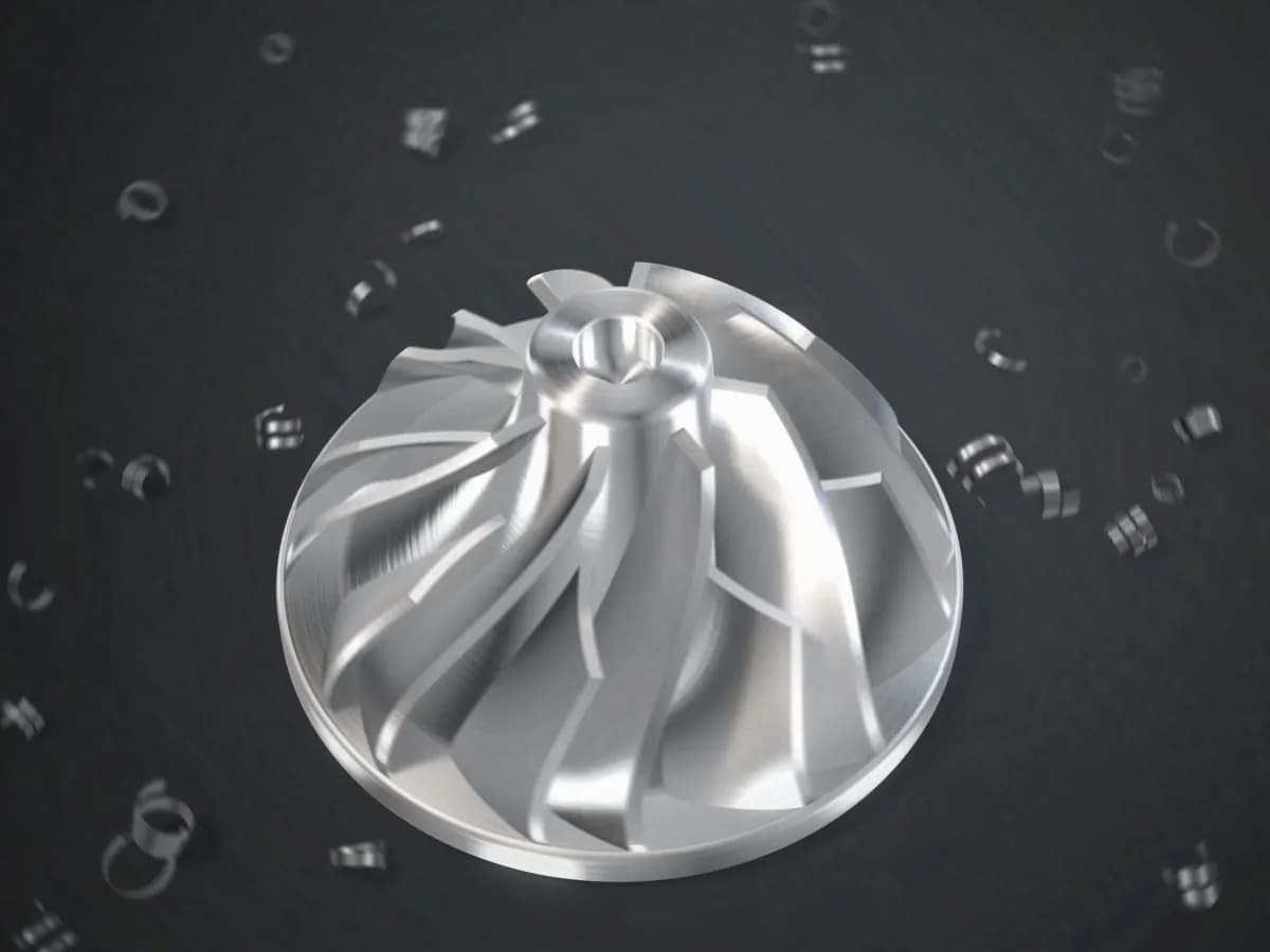 An aluminium impeller seen from above, its curved blades cut in five axes