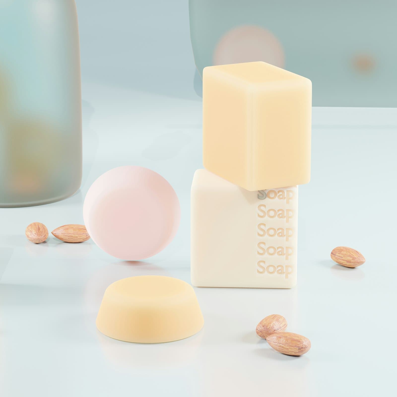 Bars of soap, one pressed with lettering