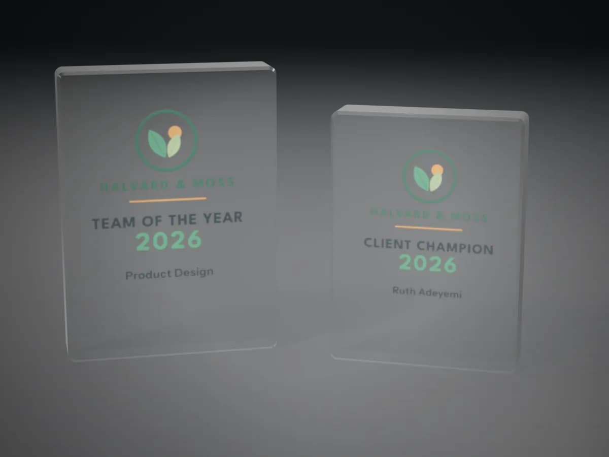 Two clear acrylic award blocks printed with a colour logo, the award title, the year and the winner's name