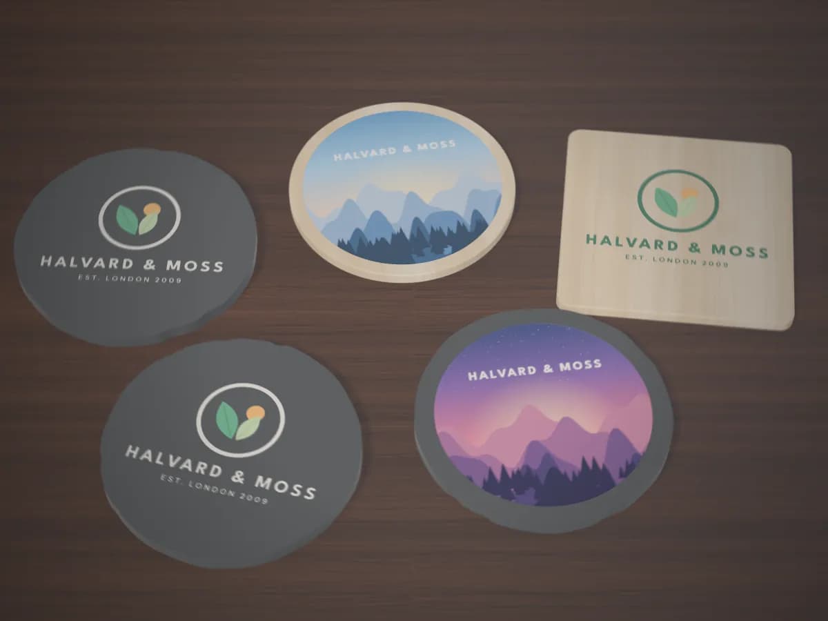 Slate and wooden coasters printed with a logo and with full-colour landscapes
