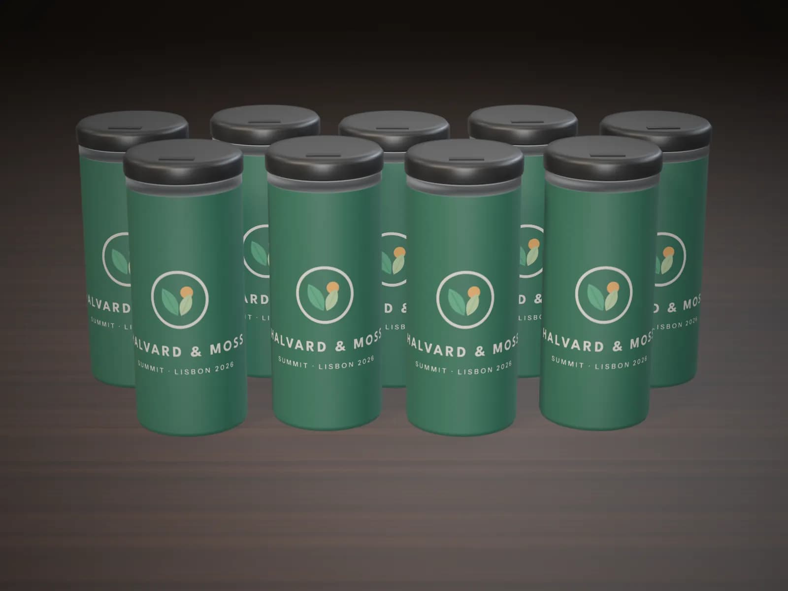 Rows of identical green tumblers, each printed with the same company logo and event name
