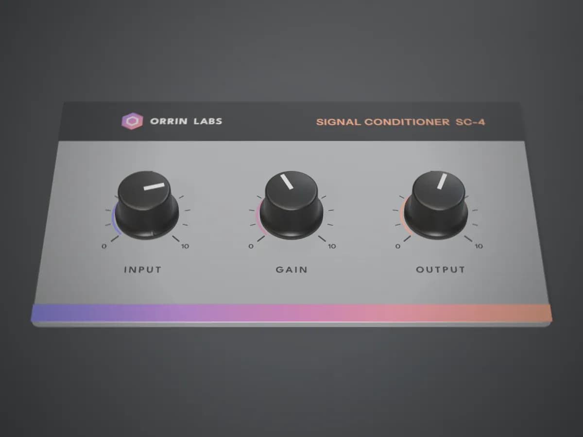 An aluminium control panel printed with dial scales, labels, a logo and a colour band, with three knobs fitted