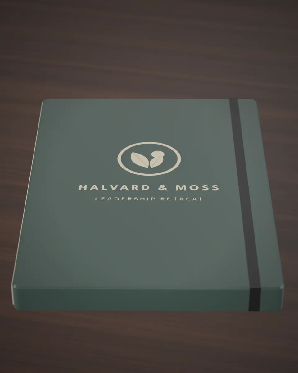 A green leatherette notebook with a raised, glossy printed logo and lettering on its cover