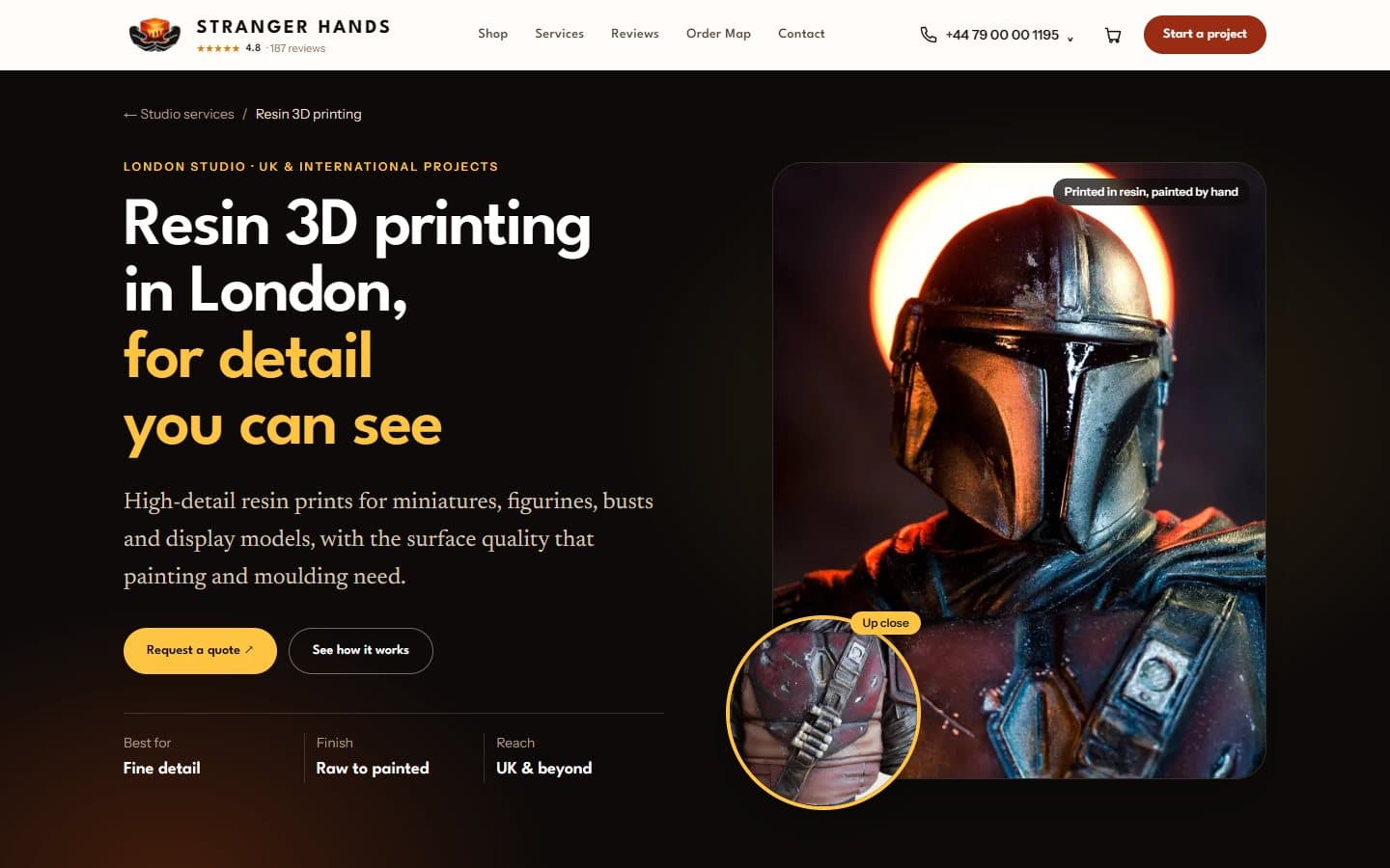 The Stranger Hands resin 3D printing page on a desktop screen