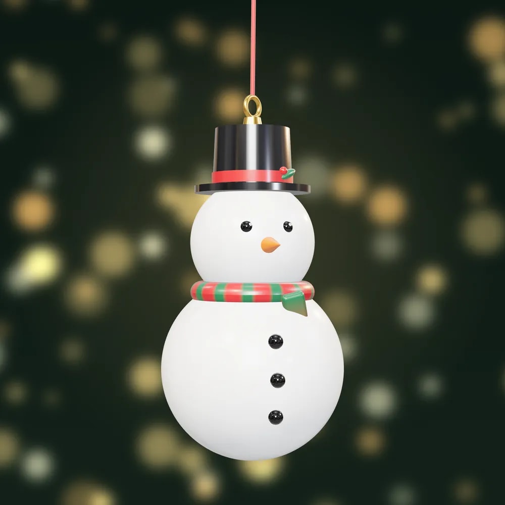 A hand-painted snowman bauble with a black top hat, carrot nose and a striped scarf