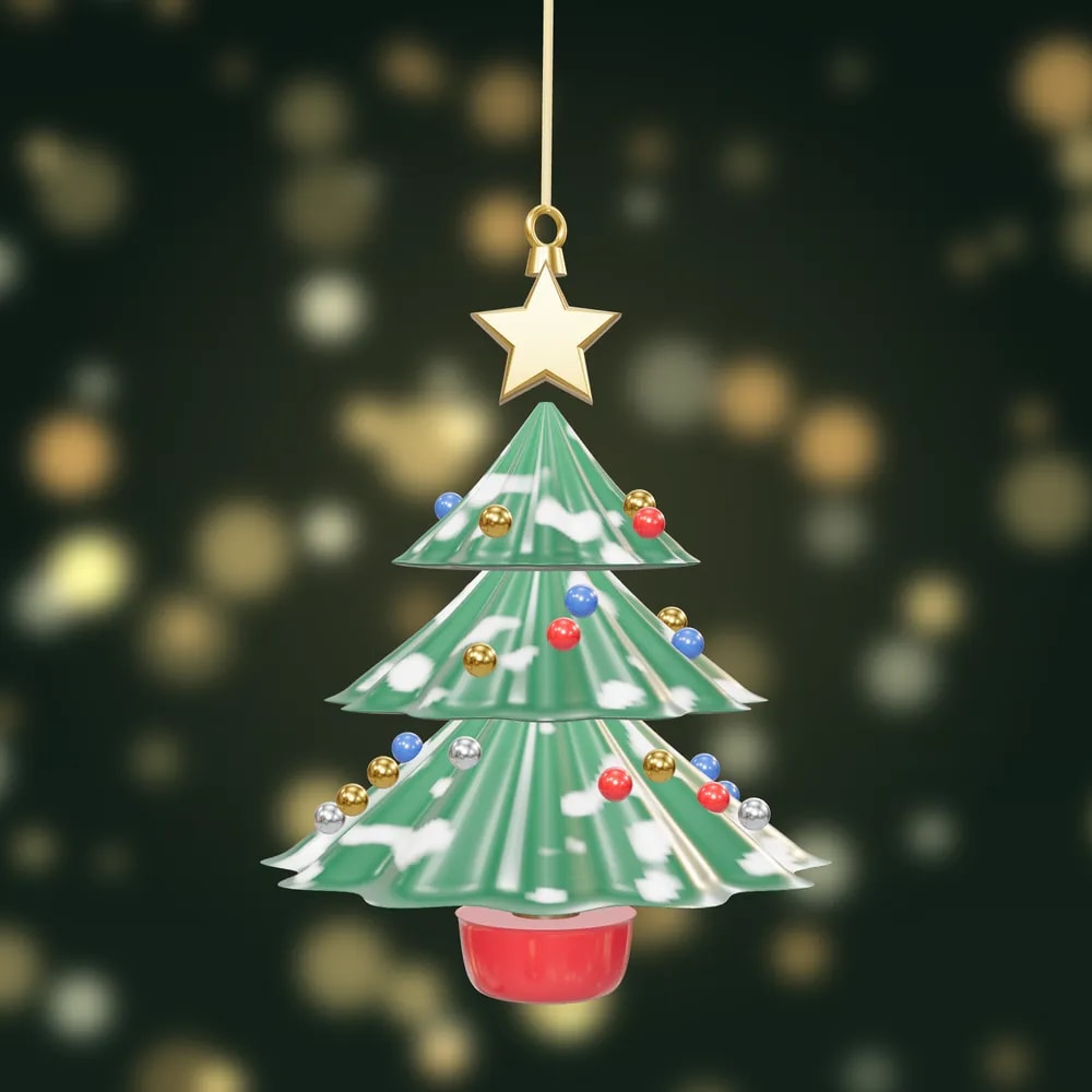 A glossy green Christmas tree bauble with tiny red, gold and silver baubles, a gold star and a red pot