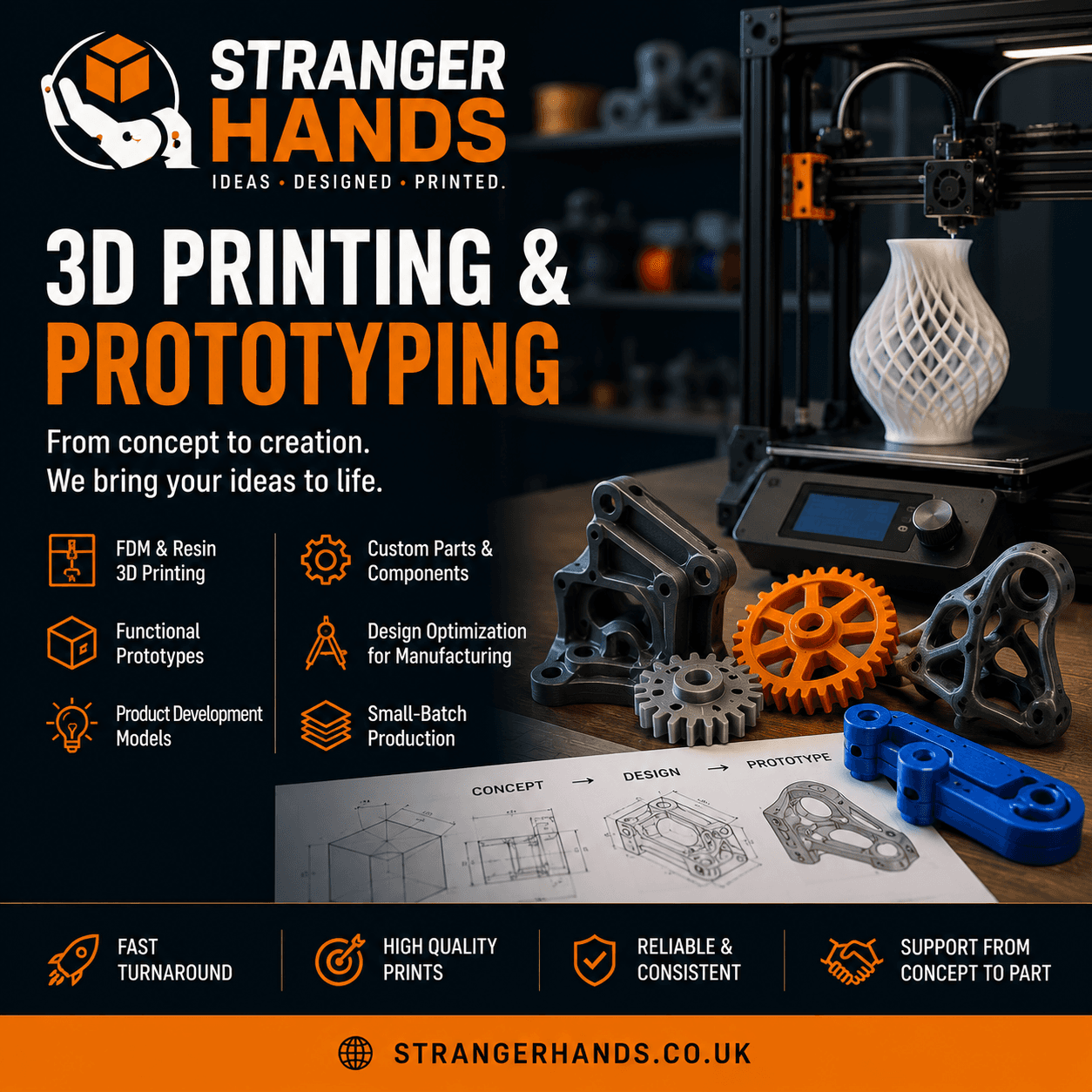 3D printing and prototyping work in the Stranger Hands studio