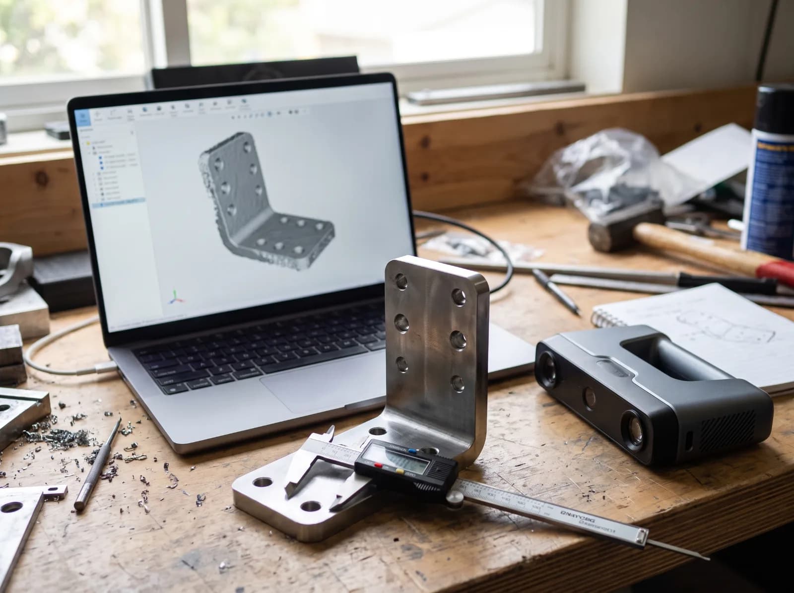 A metal bracket and its 3D scan, with calipers measuring a hole
