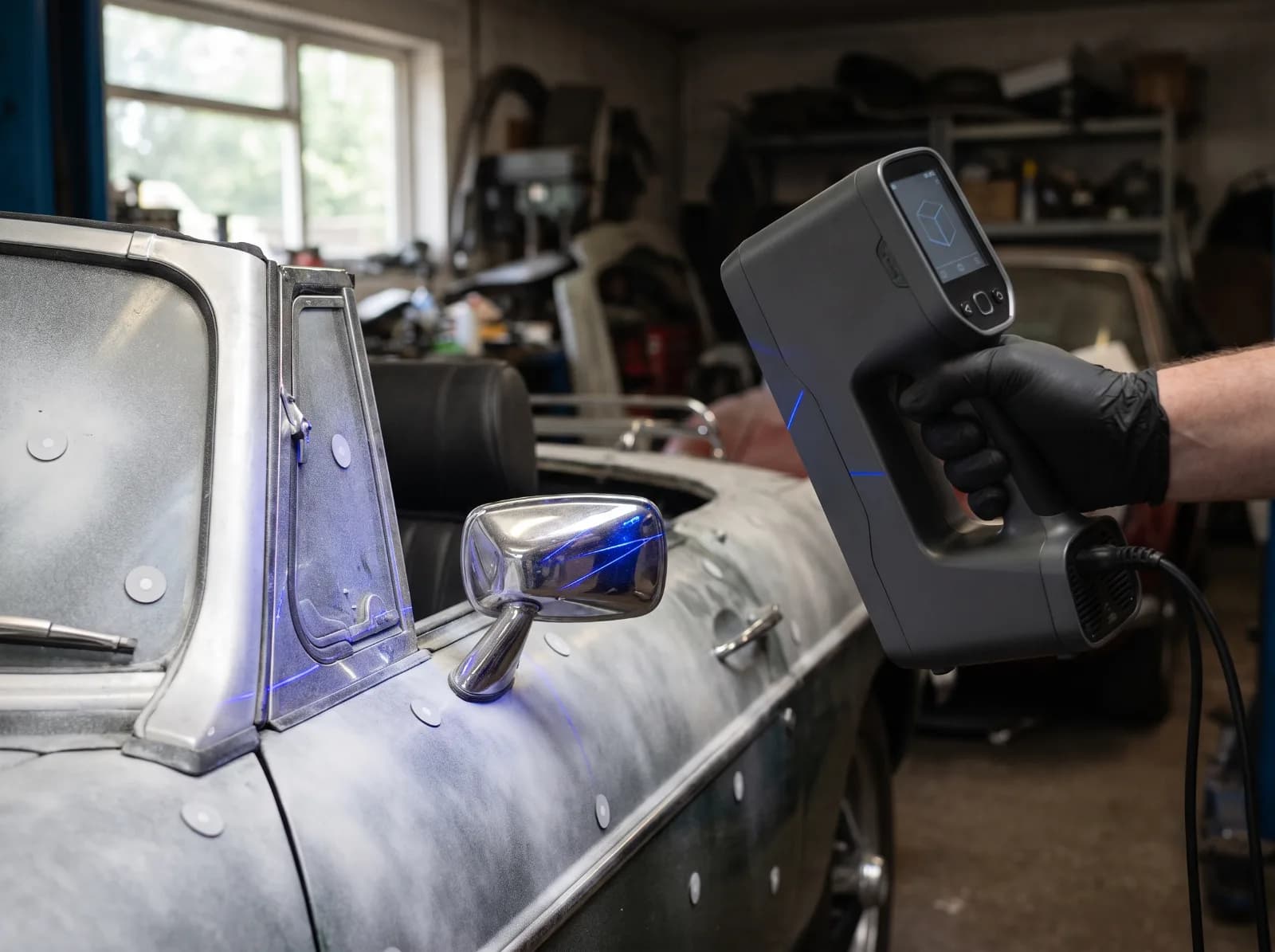 A classic car's chrome wing mirror being 3D scanned