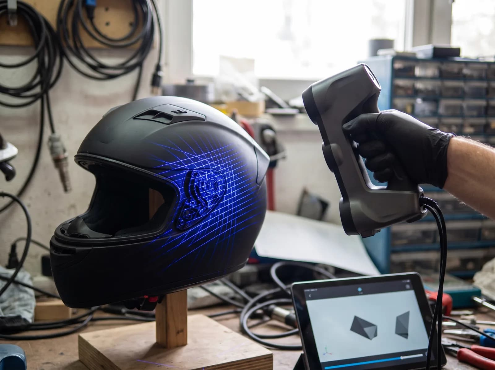 A motorcycle helmet being 3D scanned with a handheld scanner