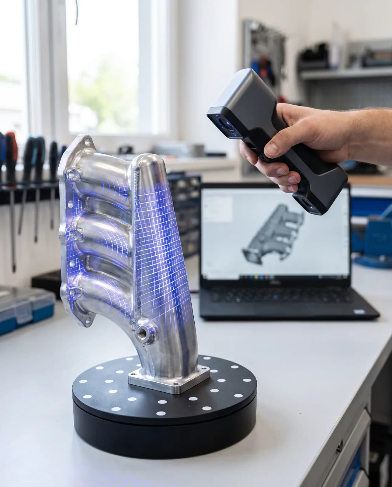 A handheld 3D scanner projecting blue laser lines over a metal car part on a turntable