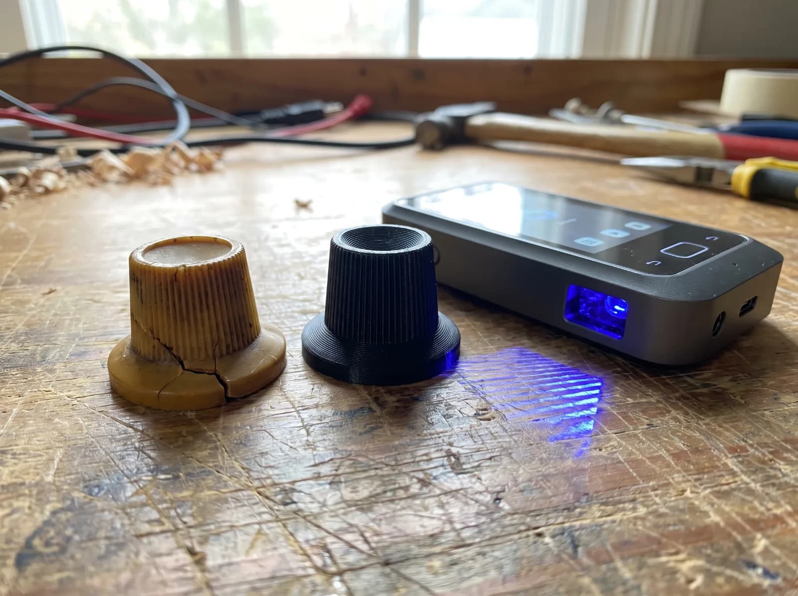 A cracked vintage plastic knob beside a new 3D-printed replacement