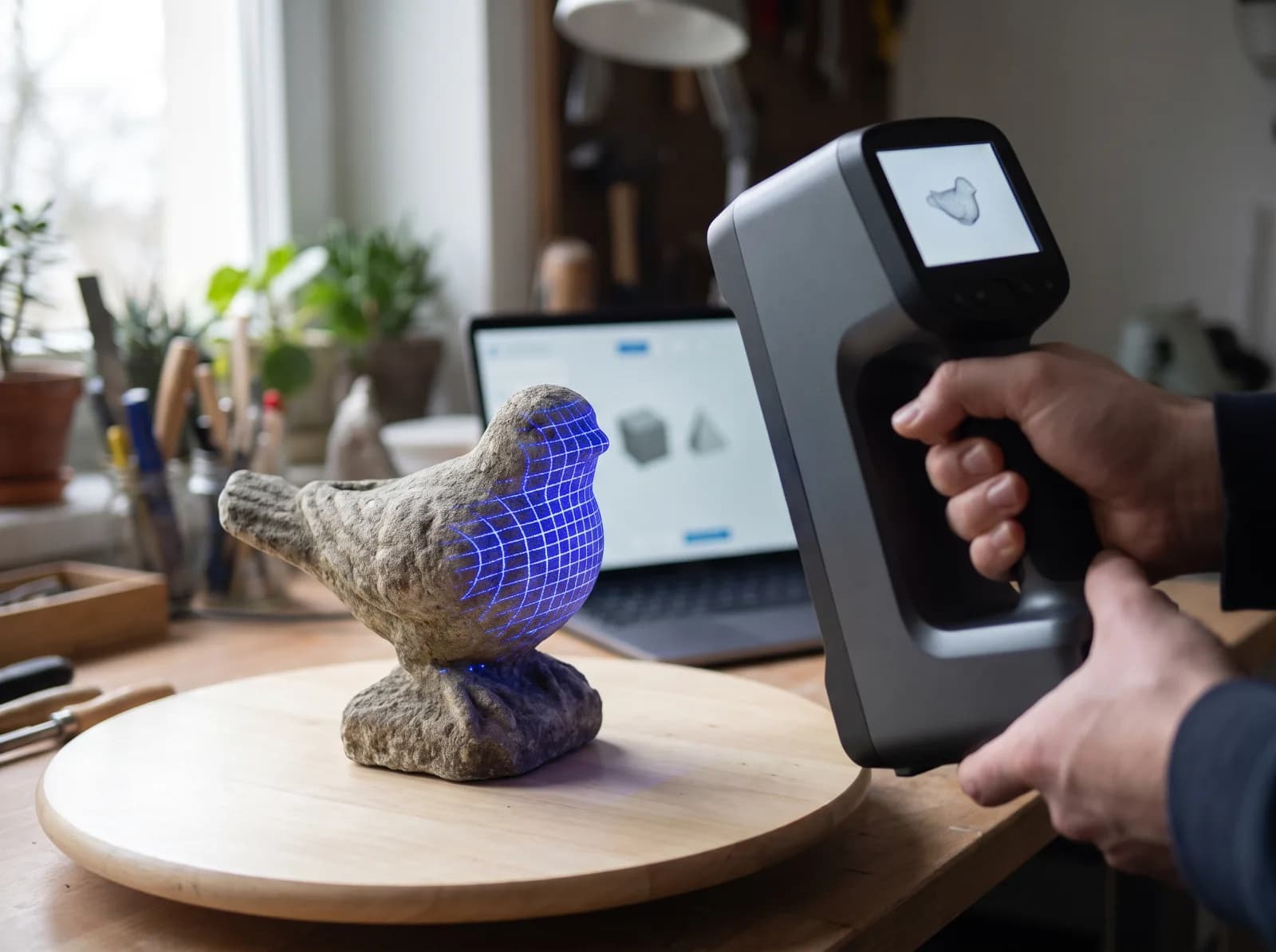 A small stone sculpture being 3D scanned from above
