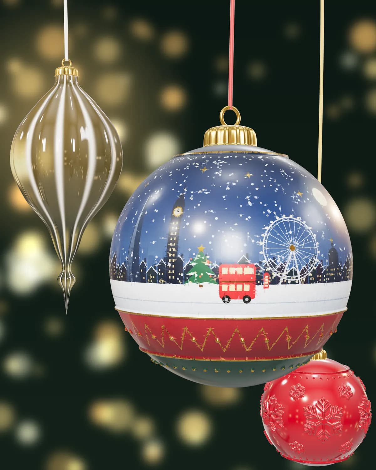 Three bespoke baubles hanging against warm fairy lights: a hand-painted London scene, a glass-like finial and a glossy red bauble with raised snowflakes