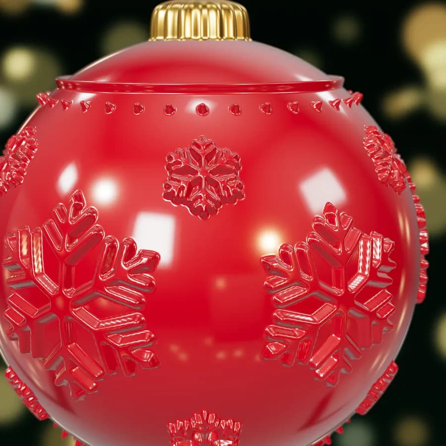 Close-up of a glossy red bauble's raised snowflake, printed in UV resin