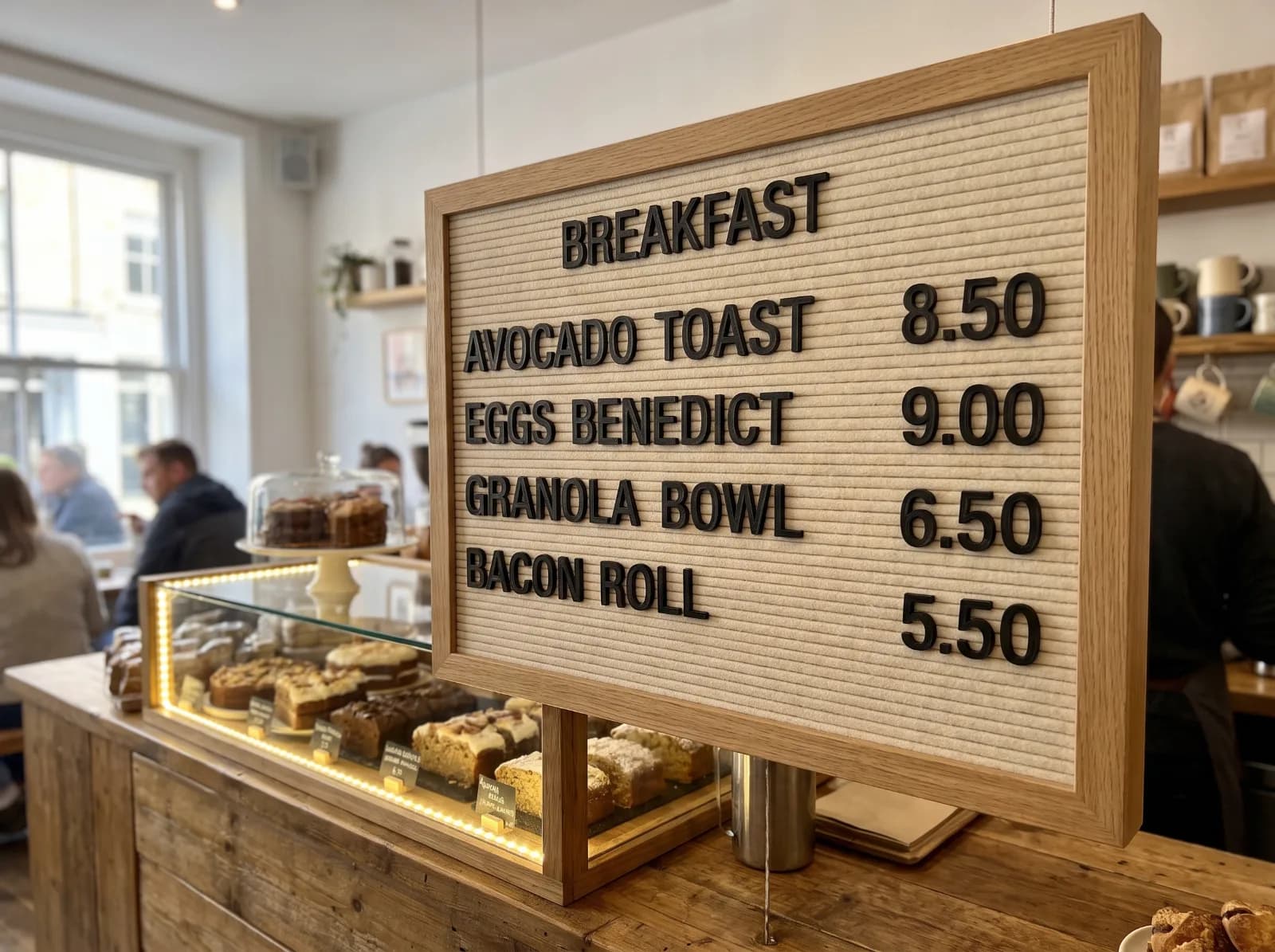 A café breakfast menu in black 3D-printed letters on a letter board above the counter