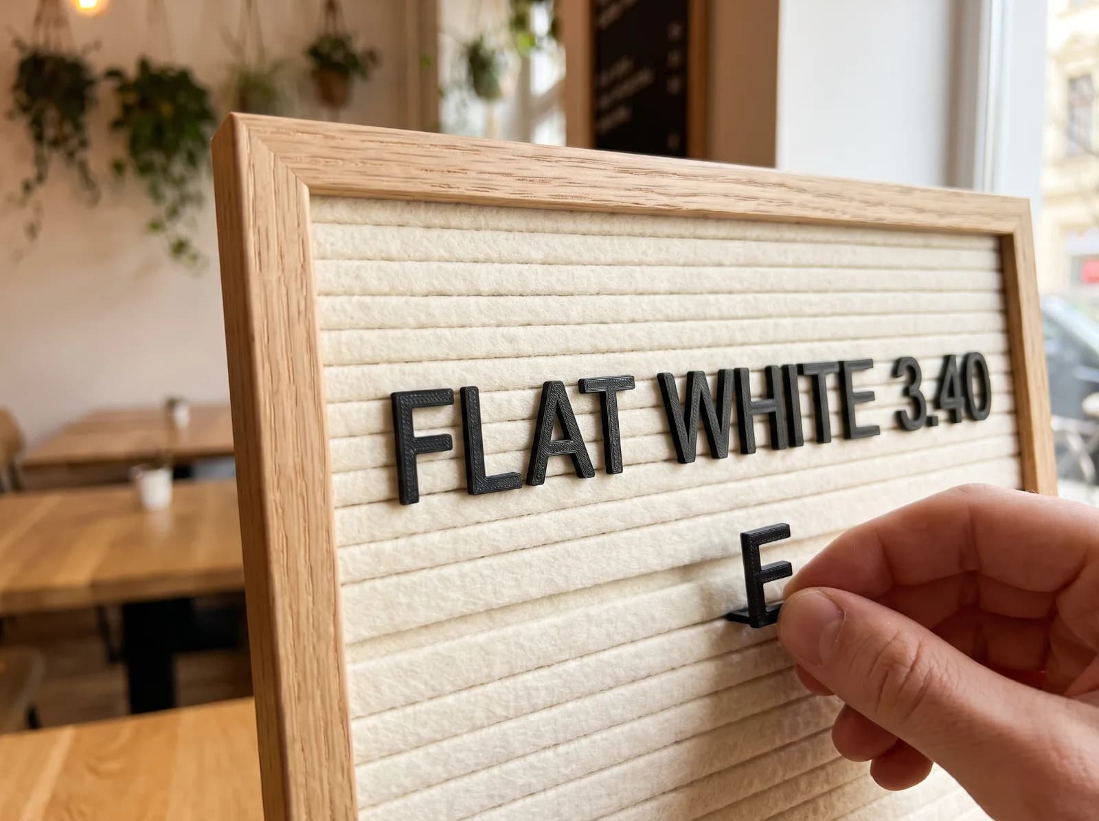 A hand sliding a black 3D-printed letter into a felt letter board that reads FLAT WHITE 3.40