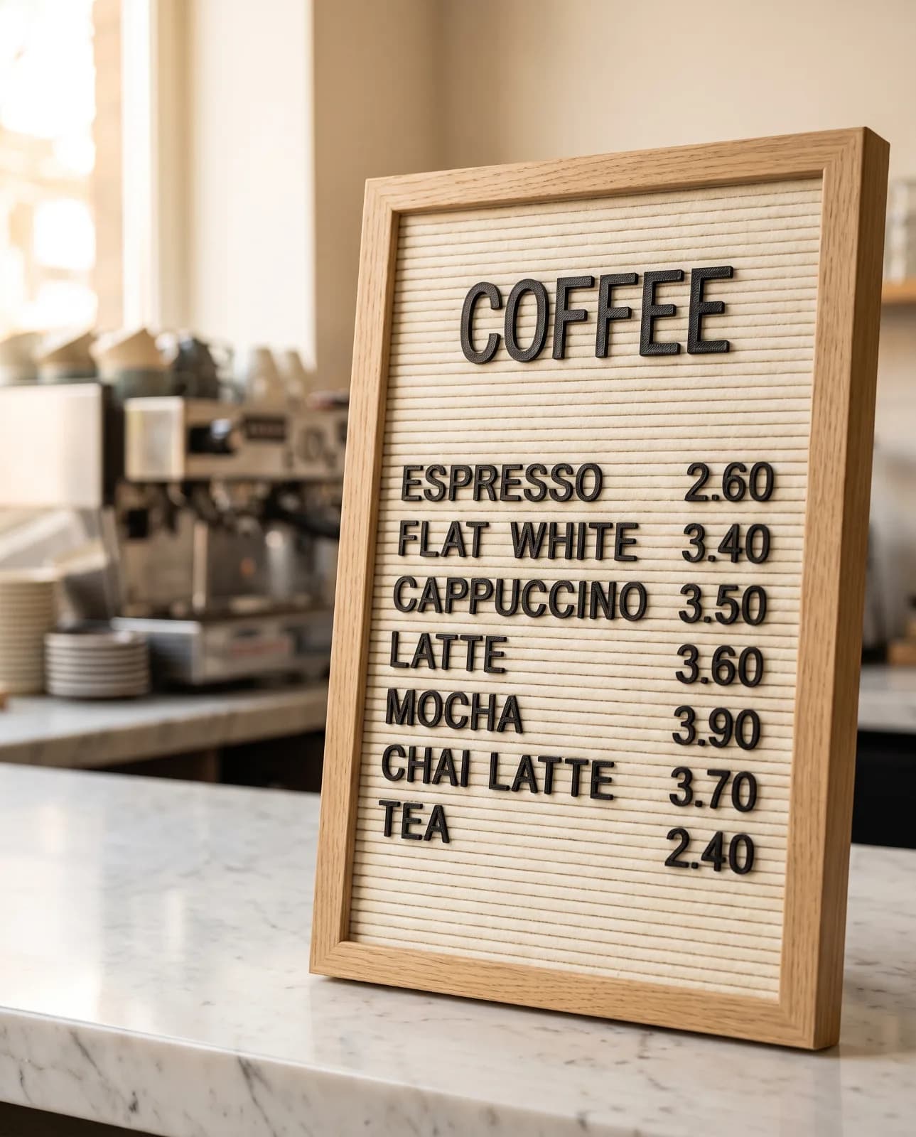 A café menu letter board of black 3D-printed letters listing coffees and their prices, on a marble counter