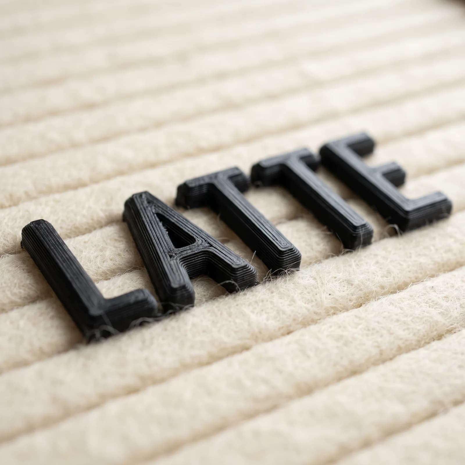 Close-up of the black 3D-printed letters LATTE in the grooves of a felt letter board, showing their fine print layers