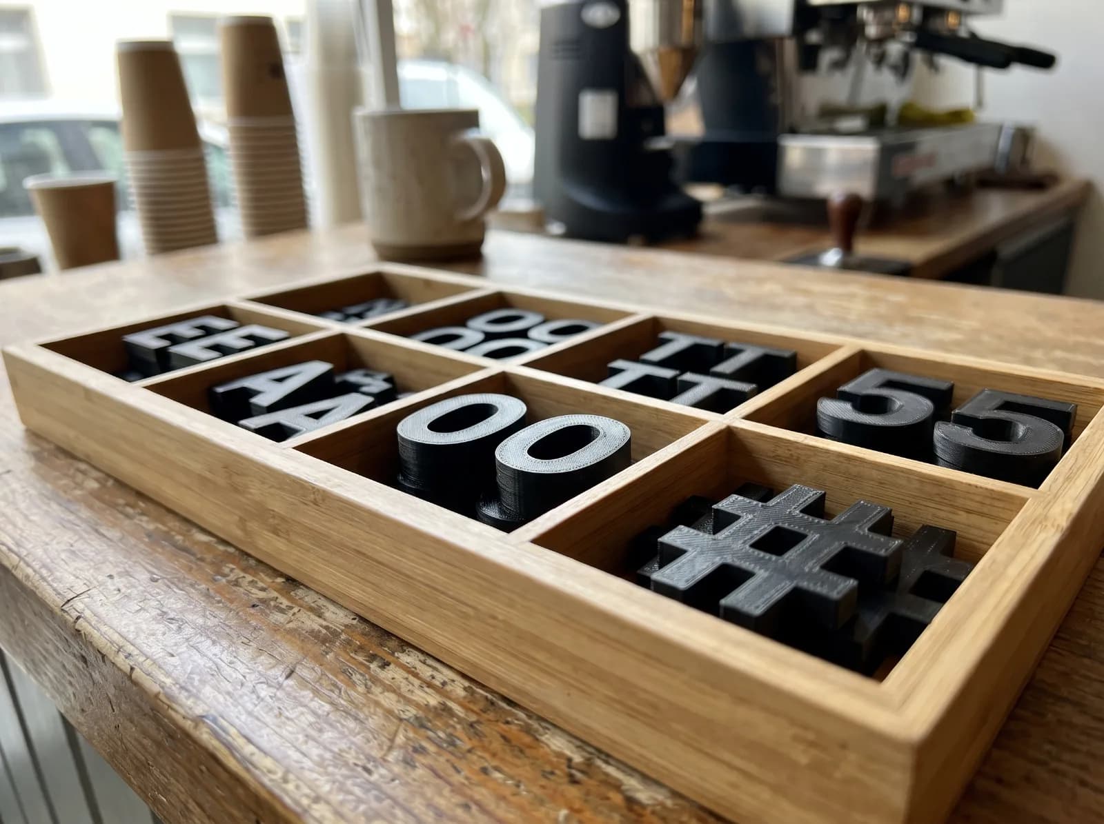 A wooden tray of sorted spare black 3D-printed letters and numbers on a café counter