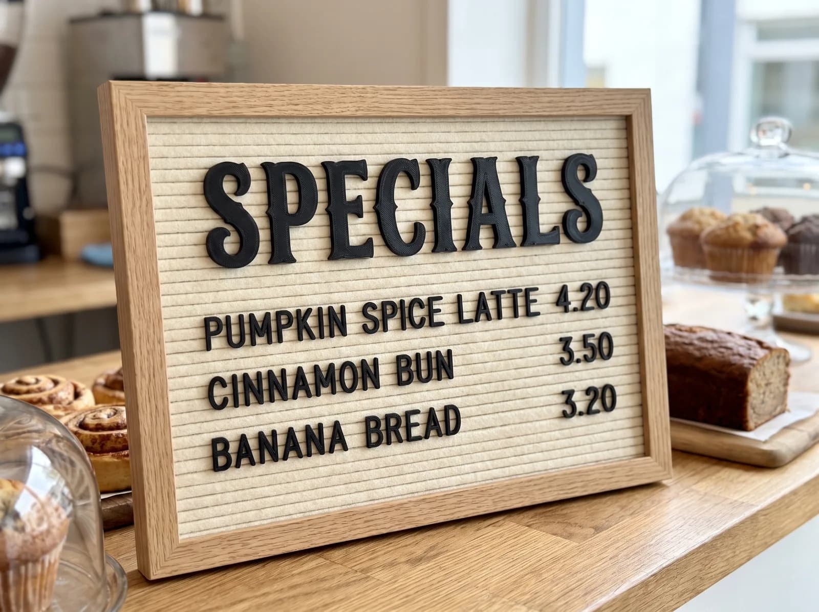 A specials board with a serif heading and sans-serif items, all in black 3D-printed letters