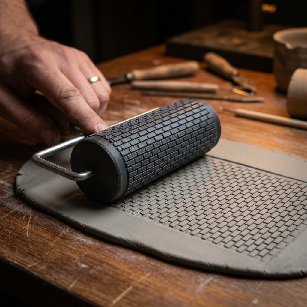 Illustration of a patterned embossing roller creating a repeated texture