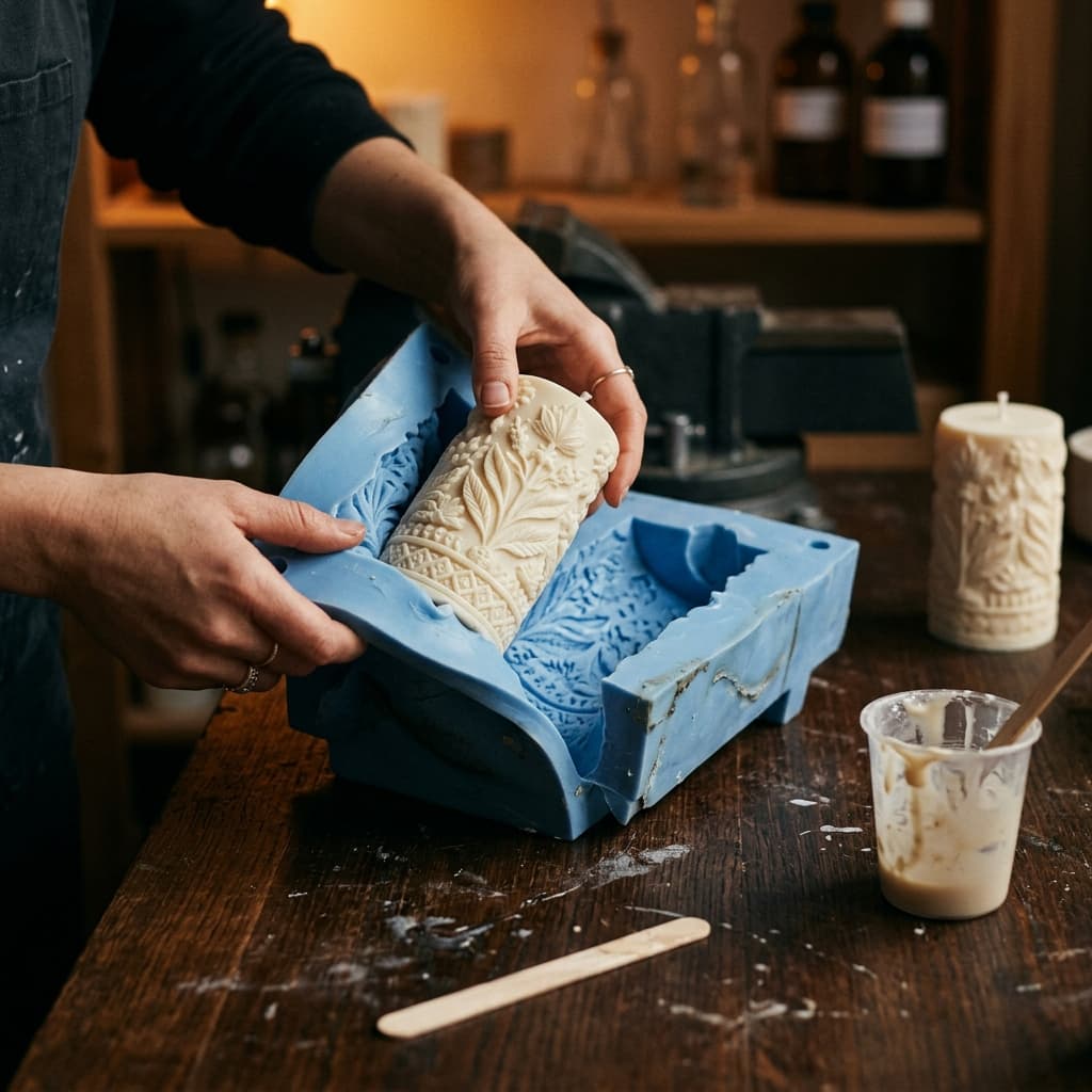 Illustration showing a 3D printed master, split silicone mould and finished resin casting
