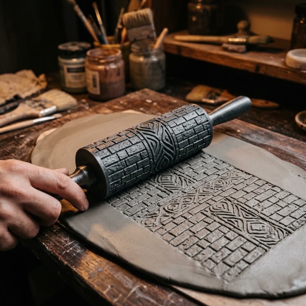 Illustration of a patterned embossing roller creating a repeated texture