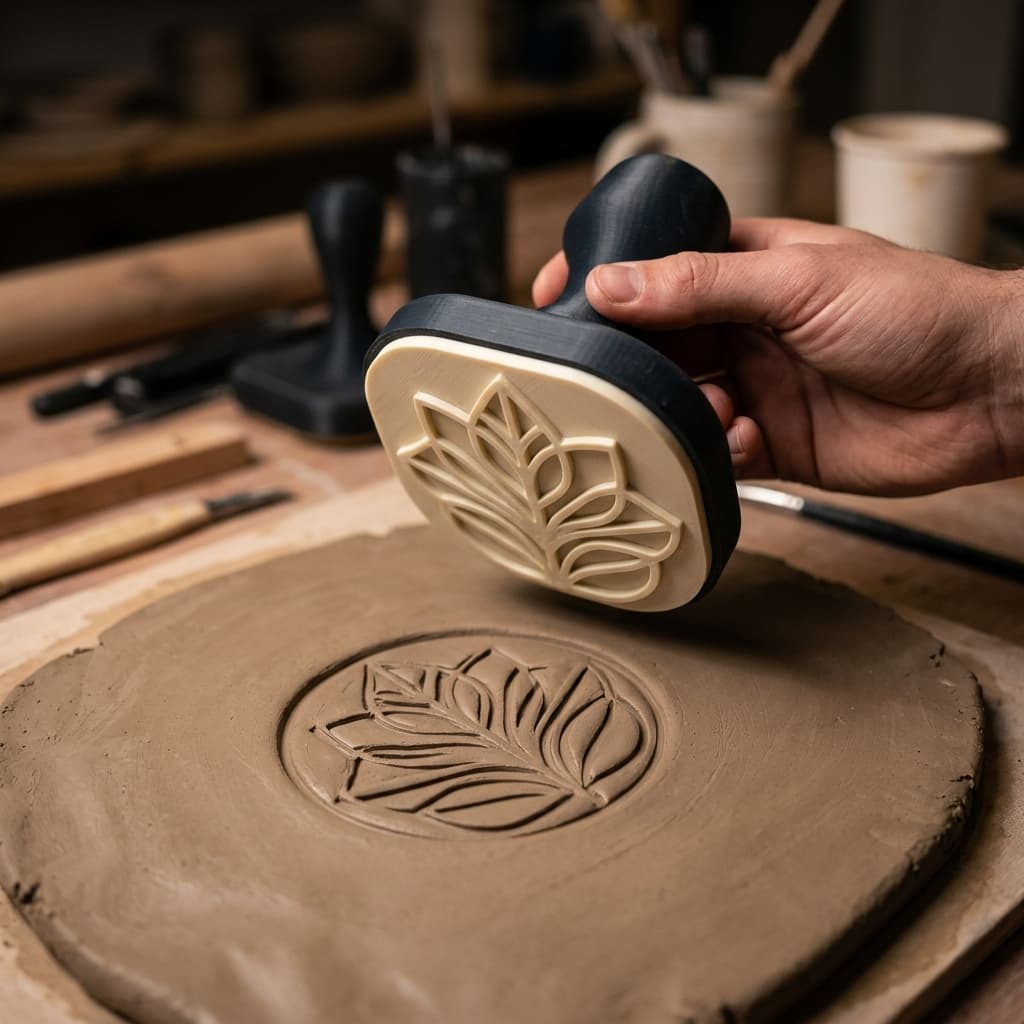 Illustration of a custom 3D printed stamp and its raised artwork